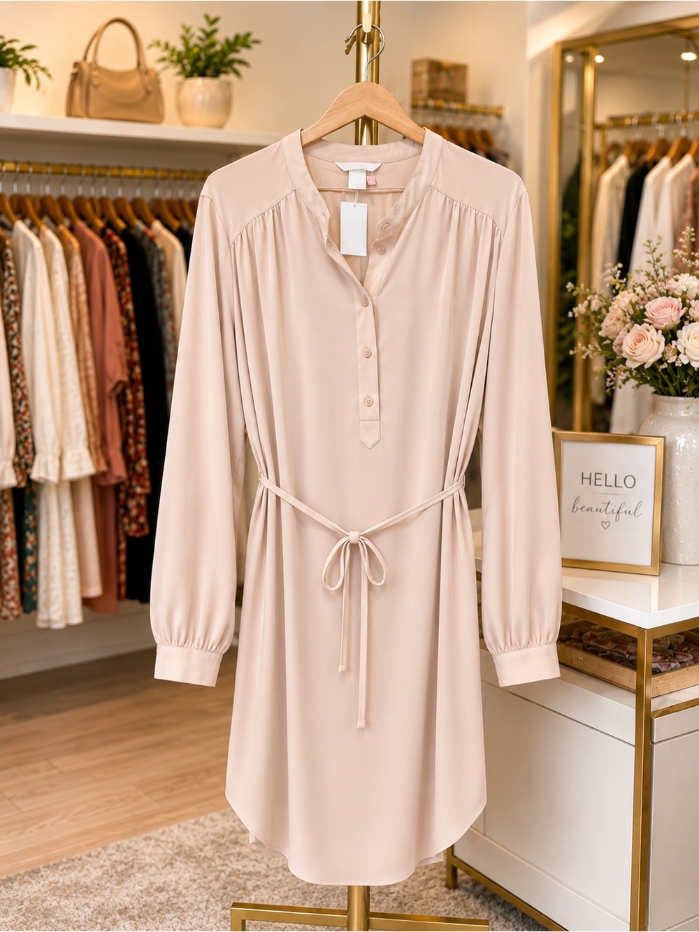 H&M Blush Pink Long-Sleeve Midi Dress with Tie Waist